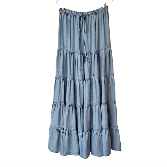 Sky to Moon Tiered Ruffle Maxi Skirt Chambray Graffiti Art Elastic Waist Boho - Picture 1 of 17